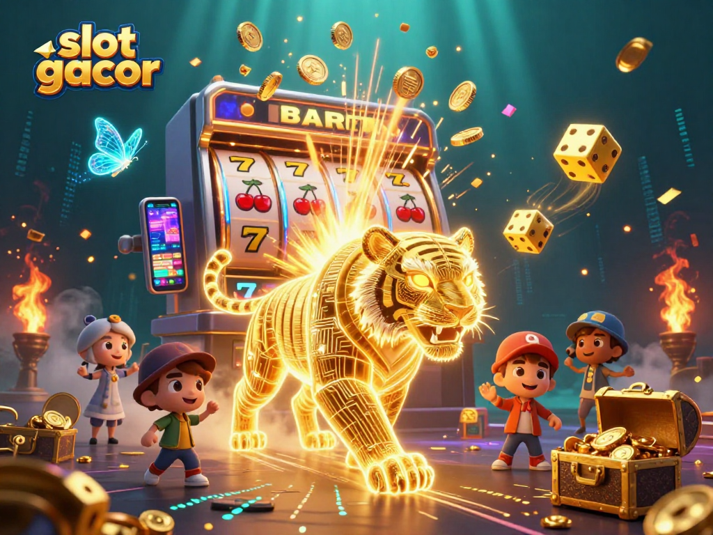 Engage in the excitement of slot gacor with vibrant casino visuals of jackpots and game elements.