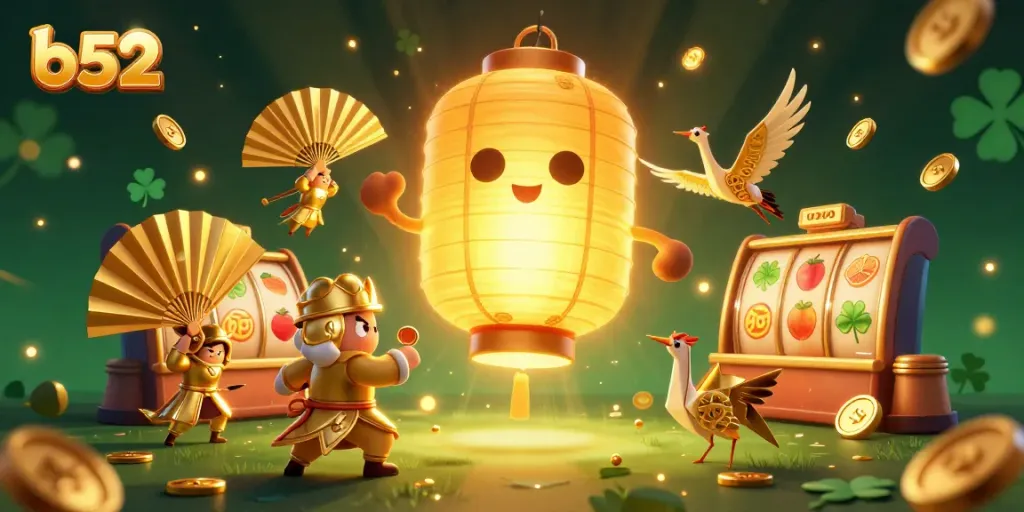 B52 promotes winning strategy through an exciting night market casino scene with golden lanterns and dynamic slot reels.