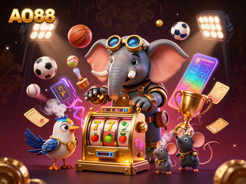 Experience exciting gameplay at AO88 with vibrant illustrations of steampunk characters and engaging casino elements.