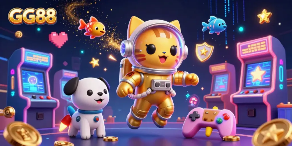 Play the thrilling GG88 games with a vibrant space-themed illustration featuring an astronaut cat and spectacular cosmic elements.