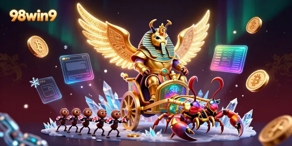 Experience the thrilling action of 98win9 with a colossal scarab beetle amidst dazzling casino elements and crypto icons.