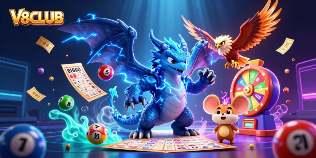 V8CLUB showcases an electrifying gaming scene with dynamic lottery elements and a powerful trio of characters.