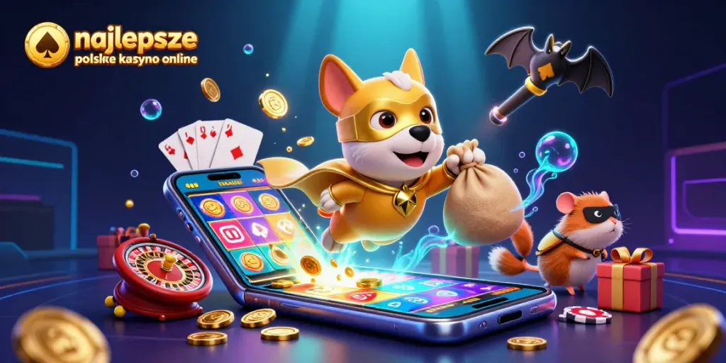 Dynamic scene illustrating najlepsze polskie kasyno online with a superhero dog and hamster amidst colorful gaming elements.