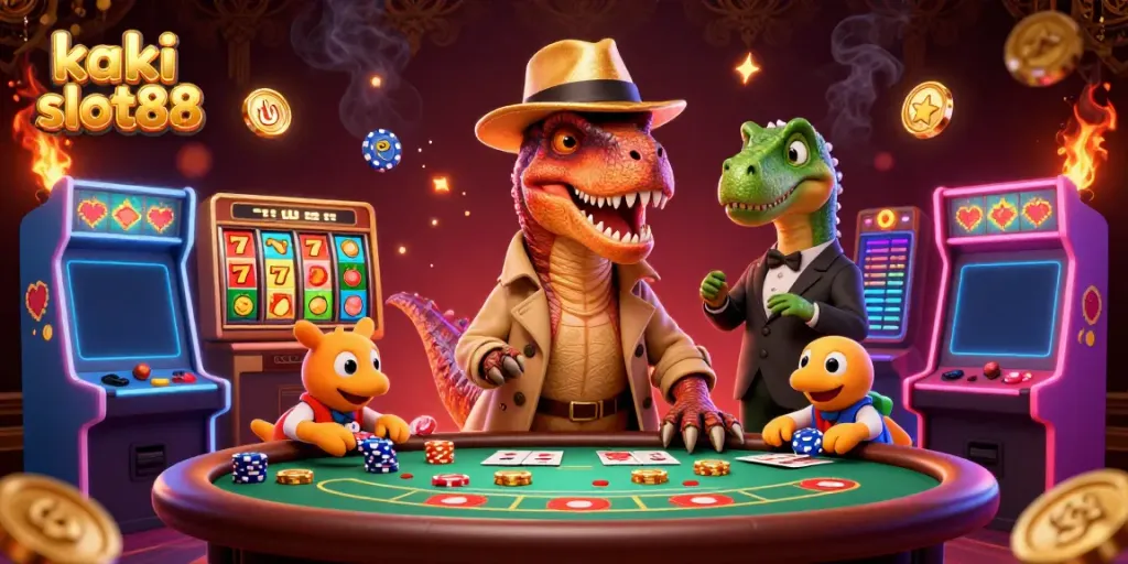 Gambaran kaki slot88 dengan velociraptor menyamar di meja blackjack, dikelilingi simbol mesin slot.