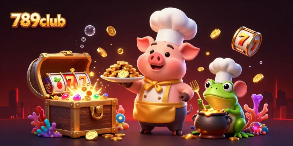 Spin and win with 789club's thrilling games featuring chef pig, chef mouse, and critic frog.