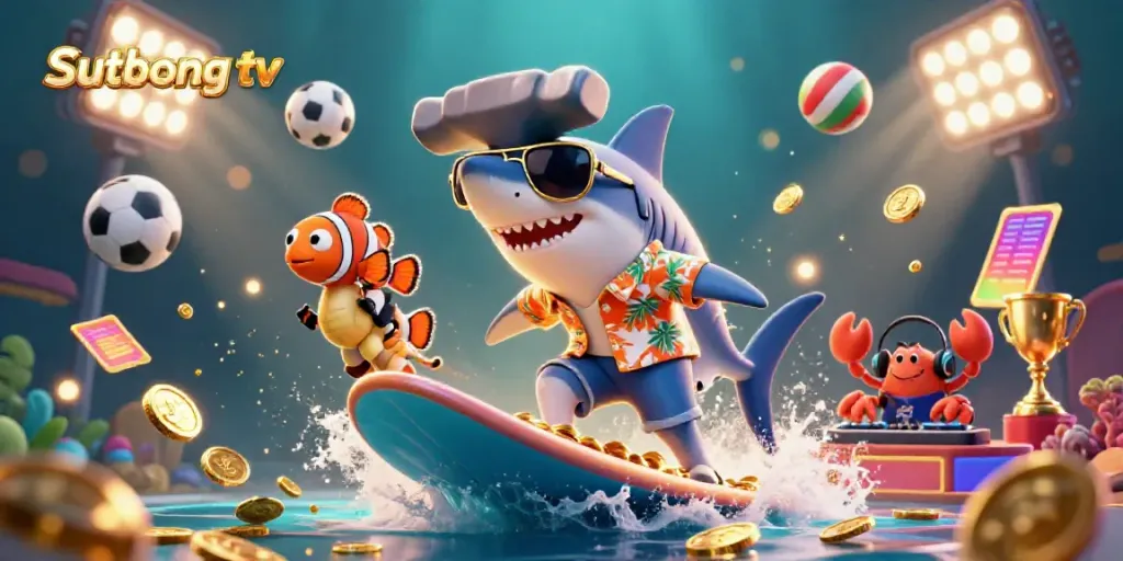 Sutbong tv features dynamic sports animation with a shark, clownfish, and crab DJ amidst vibrant casino elements.