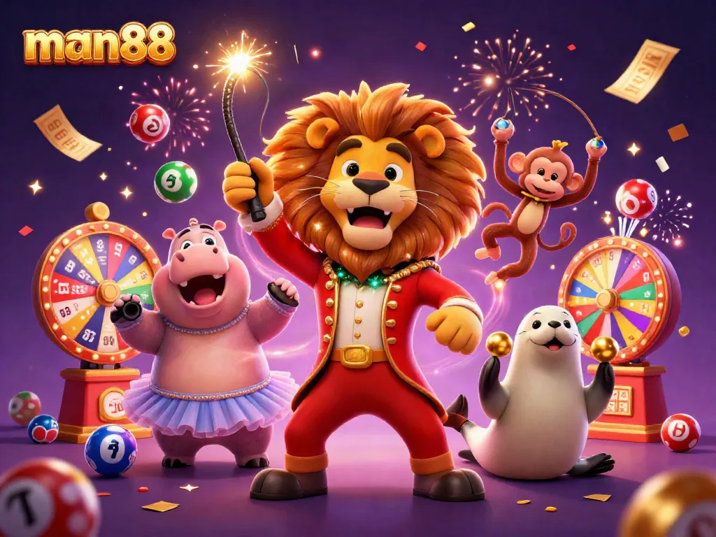 Experience thrilling gambles with man88 in this vibrant circus-themed casino illustration.