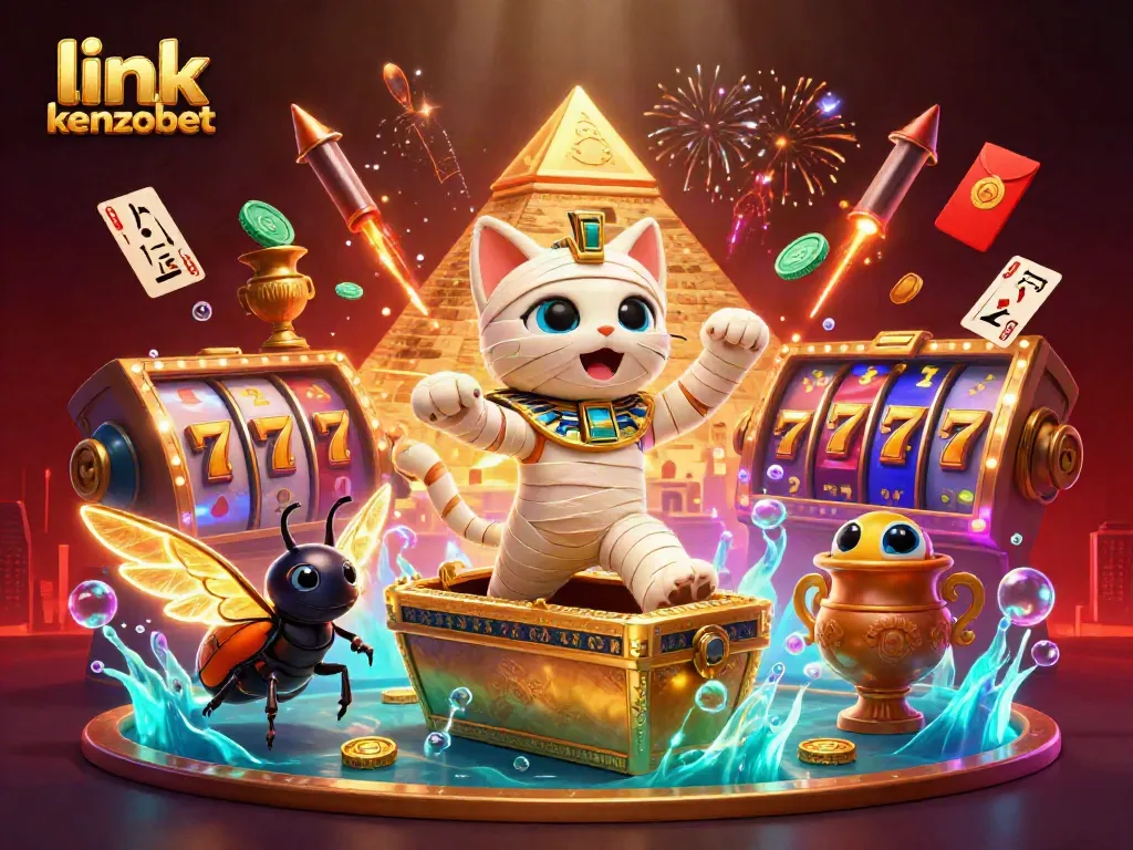 Join the excitement of link kenzobet with a dynamic casino scene featuring a mummy cat and vibrant game elements.