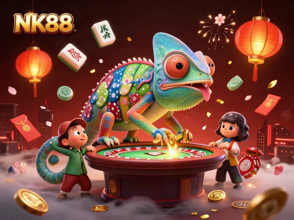 Experience the excitement of NK88 online gambling with a dynamic casino scene featuring a colorful chameleon and vibrant game elements.