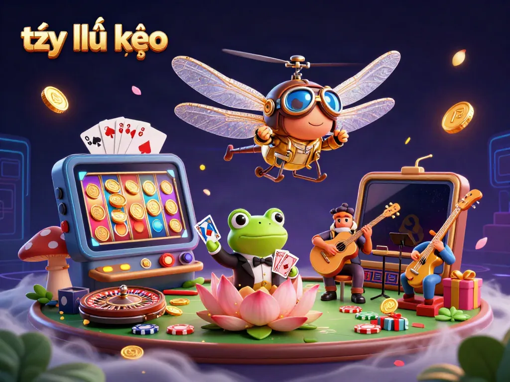 Experience the thrilling tỷ lệ kèo action with a vibrant dragonfly pilot, frog croupier, and musicians in a lively casino scene.
