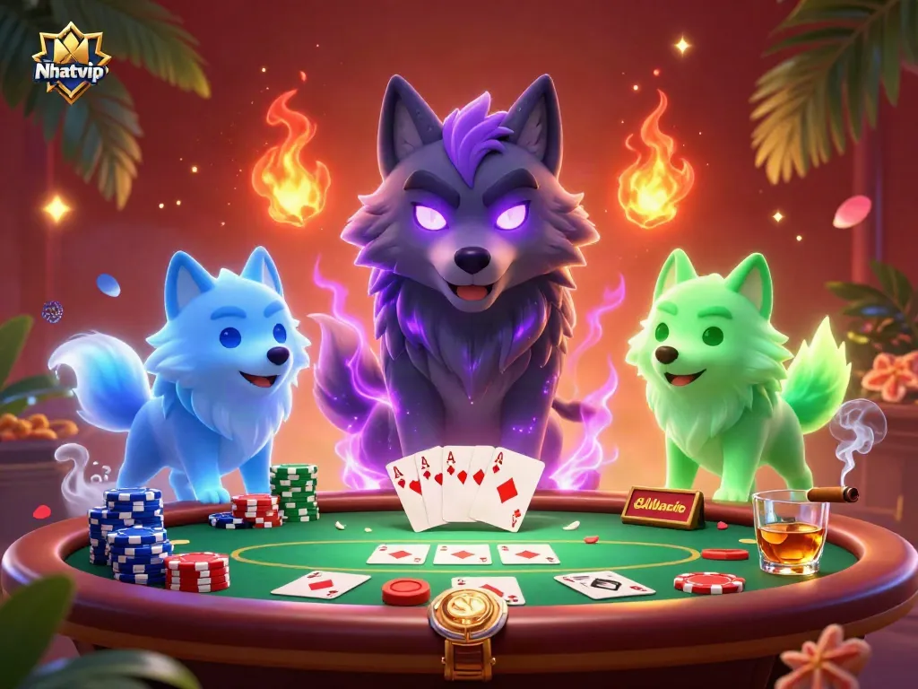 Nhatvip players enjoying an immersive casino experience with a charismatic wolf leader and vibrant gaming elements.