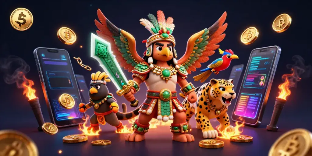 Engage with keo nha cai 5 in a vibrant 3D scene featuring Aztec warriors and crypto elements.
