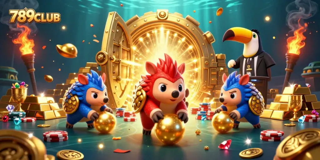 Experience the thrilling 789CLUB gaming scene with pangolins rolling into action amidst golden treasures.