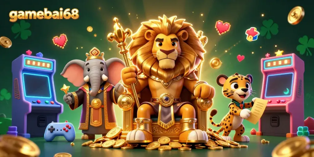 Experience the thrill of gamebai68 with a royal lion king and dynamic game elements in a vibrant casino scene.