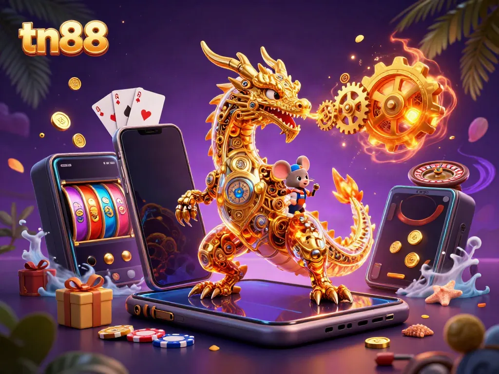Experience thrilling gaming with tn88, showcasing a biomechanical dragon amidst casino elements and vibrant visuals.