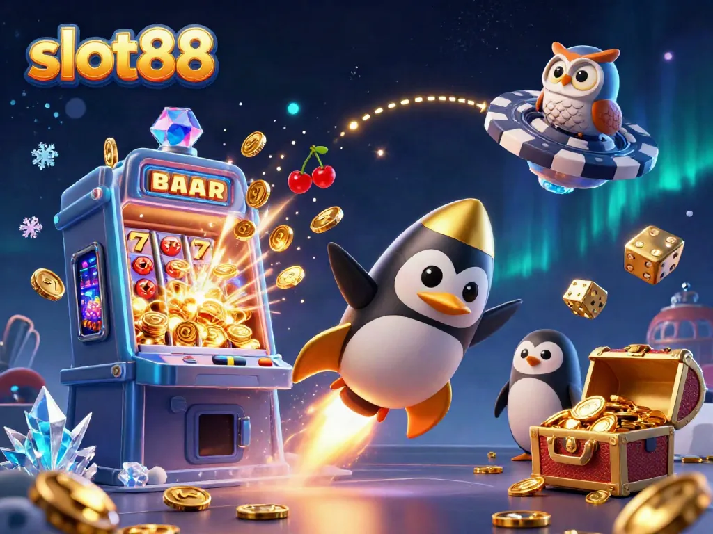 Experience the thrill of slot88 with a golden penguin racing toward a casino space station, surrounded by jackpot excitement.