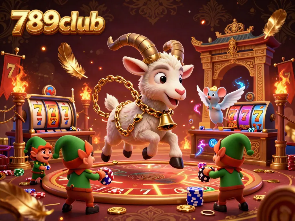 Engage with the festive yet spooky atmosphere of 789club's holiday casino, featuring a mischievous Krampus goat amidst playful chaos.