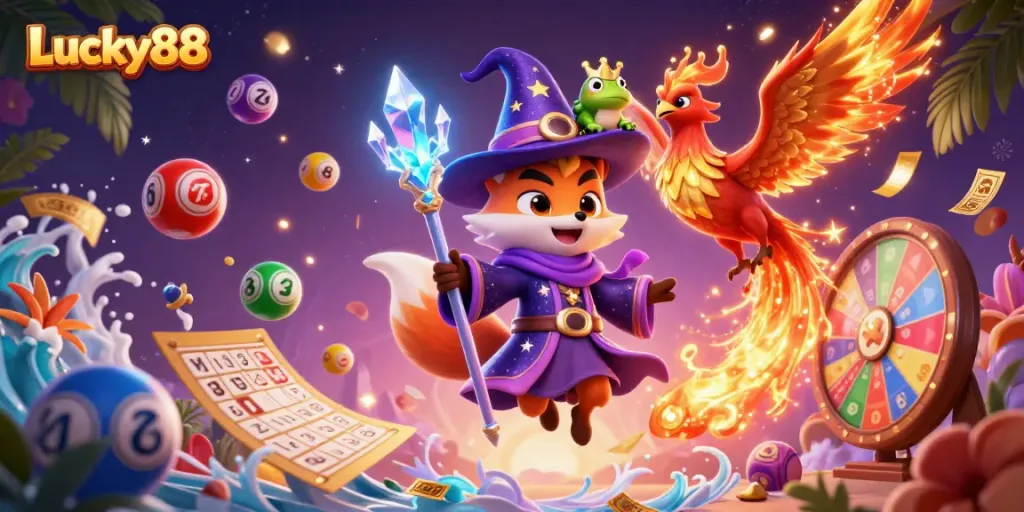 Experience thrilling gameplay at Lucky88 with a mystical fox wizard, phoenix, and vibrant casino elements.