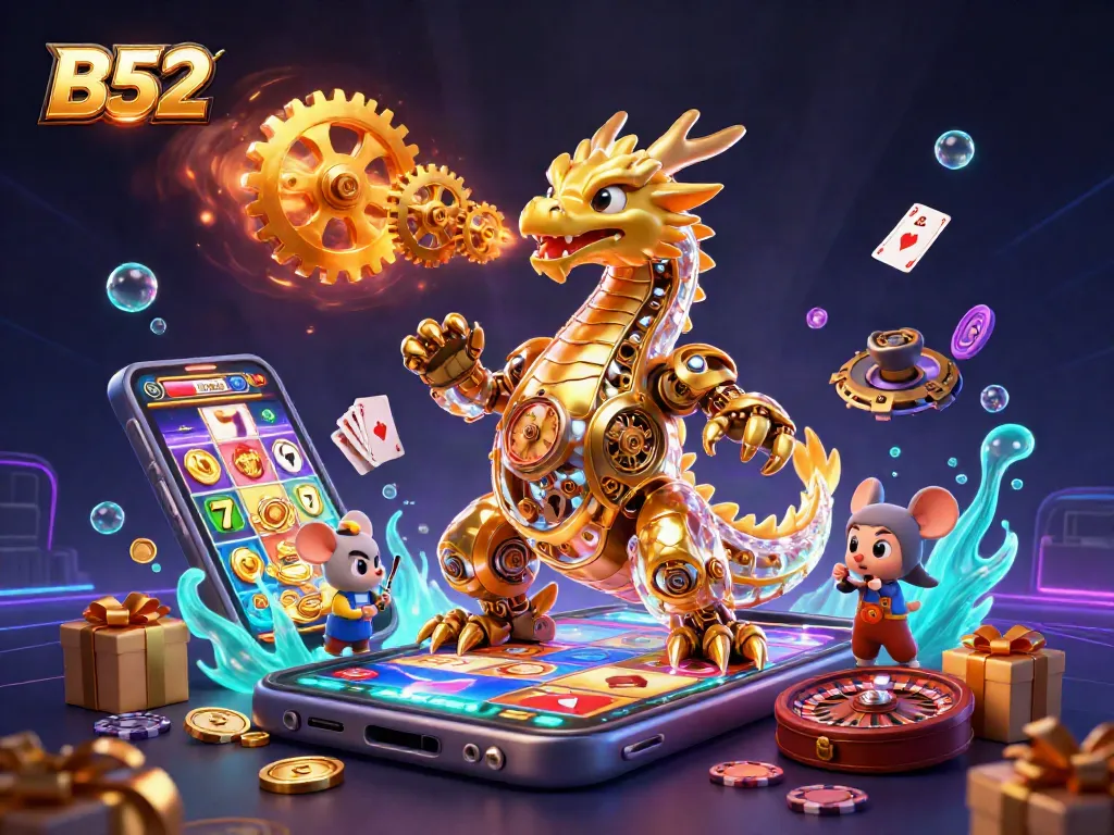 B52 gaming excitement with a biomechanical dragon amidst slot game reels and golden coins.