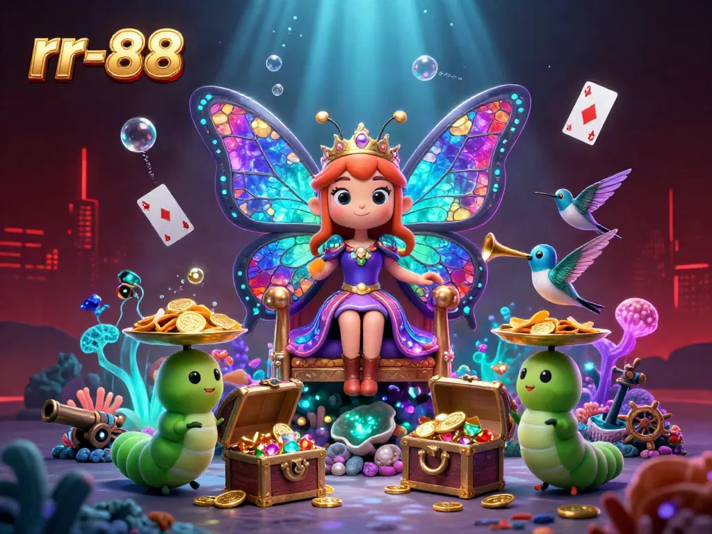 Experience the excitement of rr-88 with a vibrant 3D casino scene featuring a butterfly queen and treasure elements.