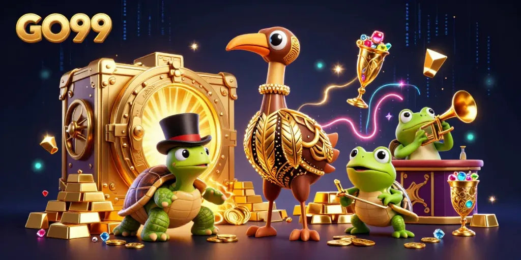 Engaging GO99 casino scene with a roaring twenties crane, turtle, and frog amidst vibrant treasure elements.