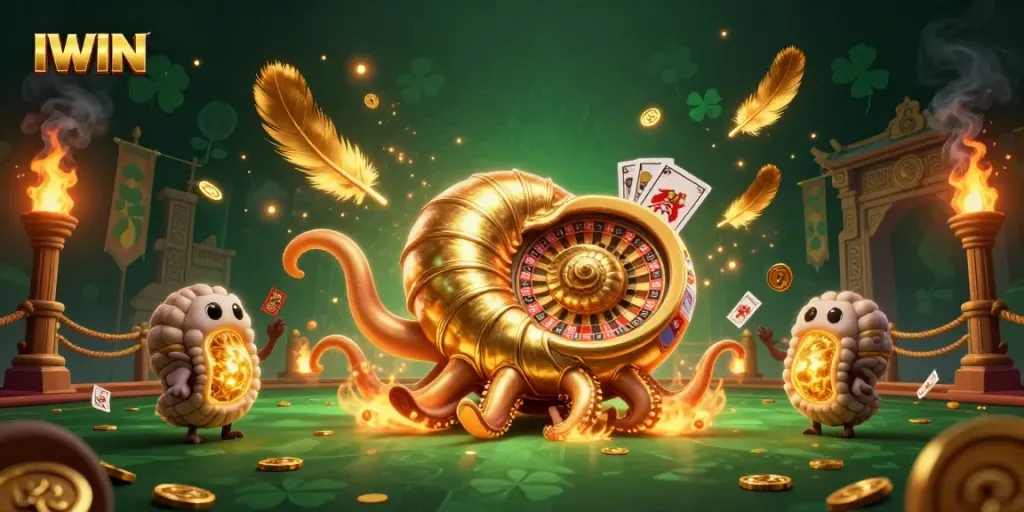 IWIN reveals engaging casino gameplay with a giant nautilus roulette wheel and glowing ammonite companions.