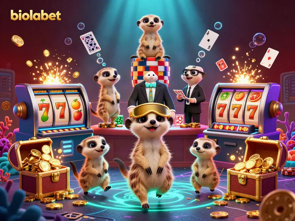 Engaging meerkats managing the biolabet casino scene with vibrant slot assets and underwater treasures.