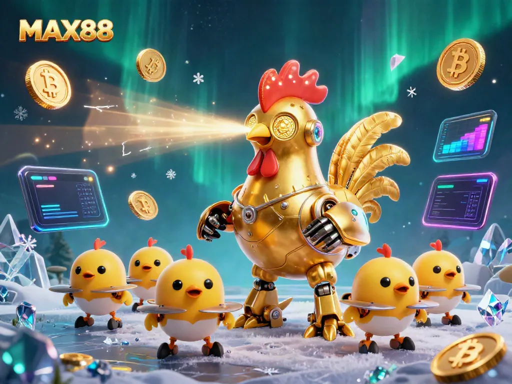 Experience thrilling gameplay at MAX88 as a golden rooster robot leads a team of drones through a vibrant underwater casino world, featuring crypto elements.