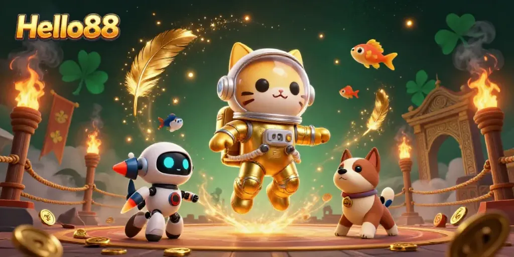 Hello88 space-themed casino illustration with a space cat, a robot dog, and alien fish, showcasing golden elements and gambling symbols.