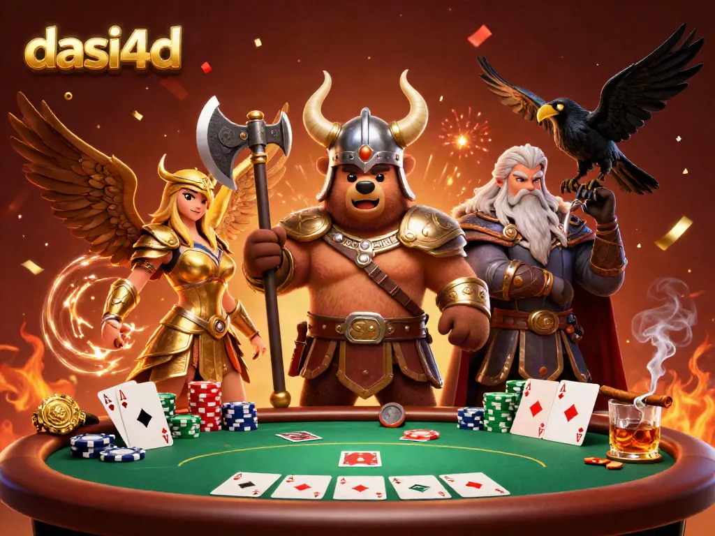 Dasi4d Viking bear and Valkyrie eagle engaged in a vibrant poker scene with chips, cards, and celebration effects.