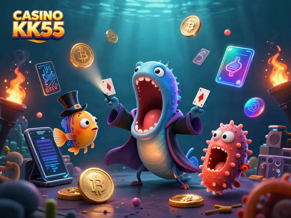 Engage in thrilling CASINO KK55 card tricks with a magical underwater scene of deep-sea creatures.