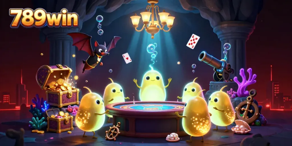 Experience the vibrant glow of 789win as glowworms illuminate a lively cave casino scene filled with treasure.