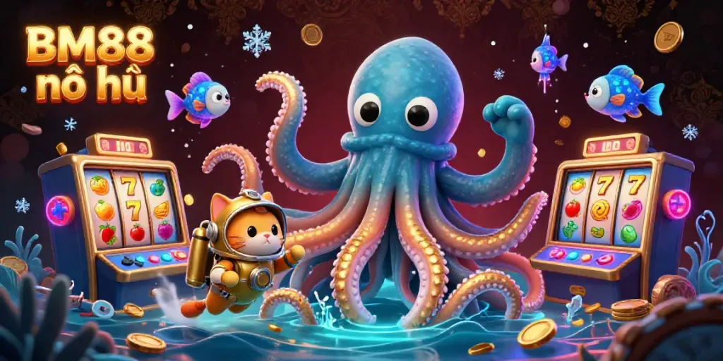 Experience thrilling BM88 nổ hũ action with a vibrant kraken and diving cat in a treasure-filled world.