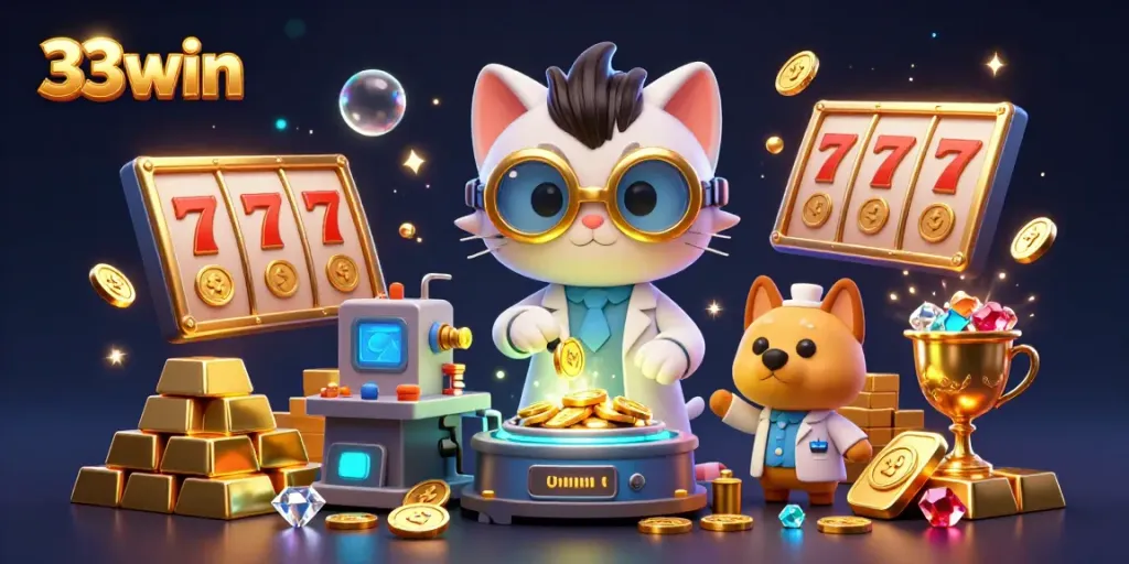 Engage in thrilling slots with 33win as a mad scientist cat and loyal assistant create jackpots.