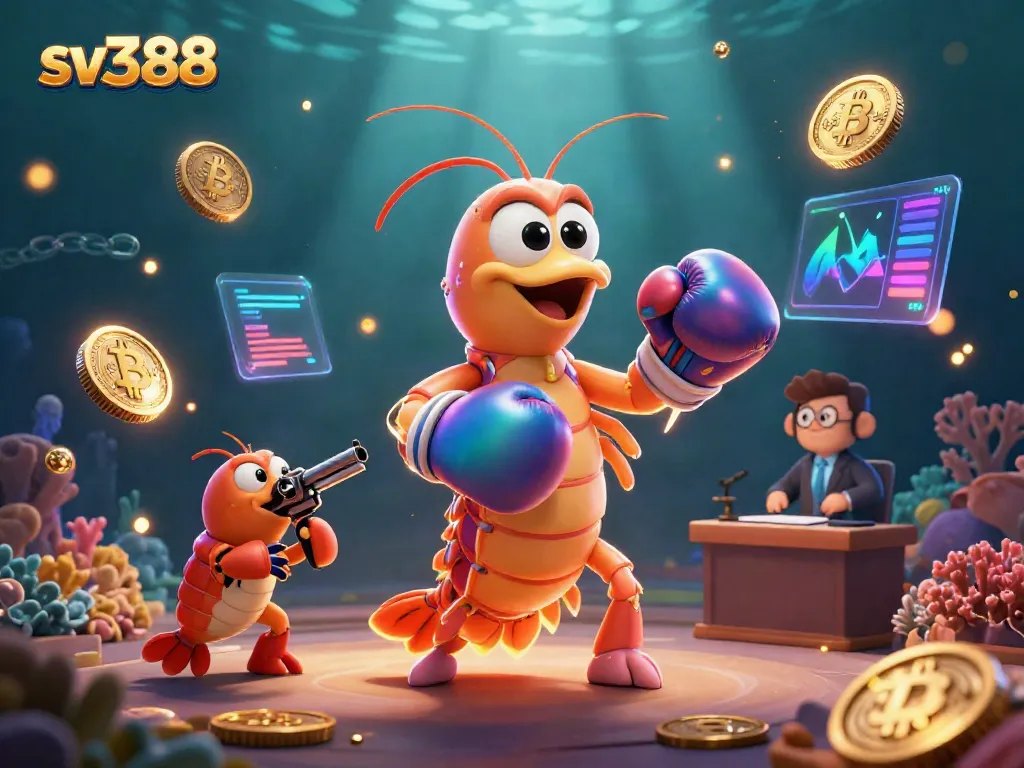 Engage in thrilling cockfighting at SV388 with vibrant 3D characters and crypto-themed elements.