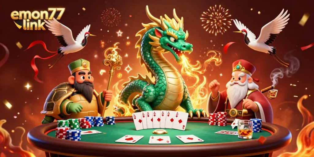 Menangkan taruhan Anda dengan tautan emon77 di kasino online, dikelilingi oleh naga dan karakter beruntung.